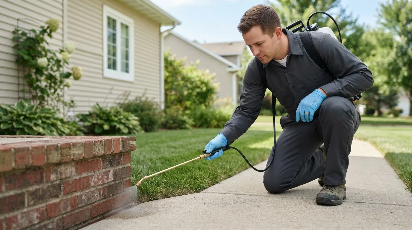 Pest control technician treating a home near Aultman, PA