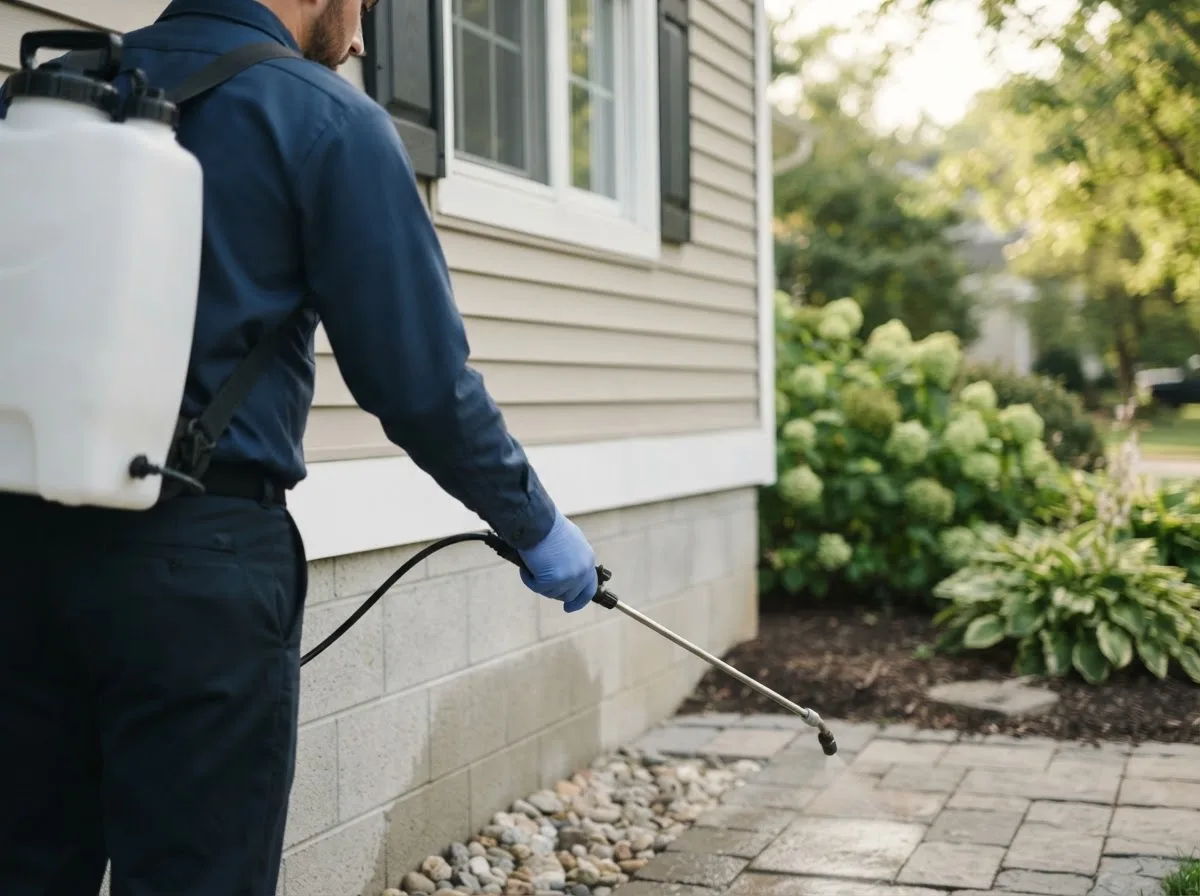Pest control technician inspecting a home in Aultman, PA